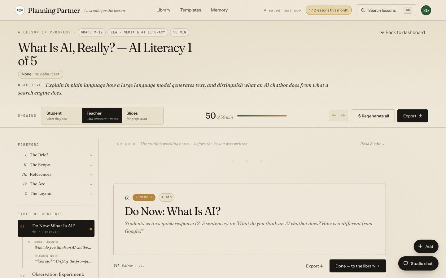 Lesson 1 of an AI-literacy unit open in the editor