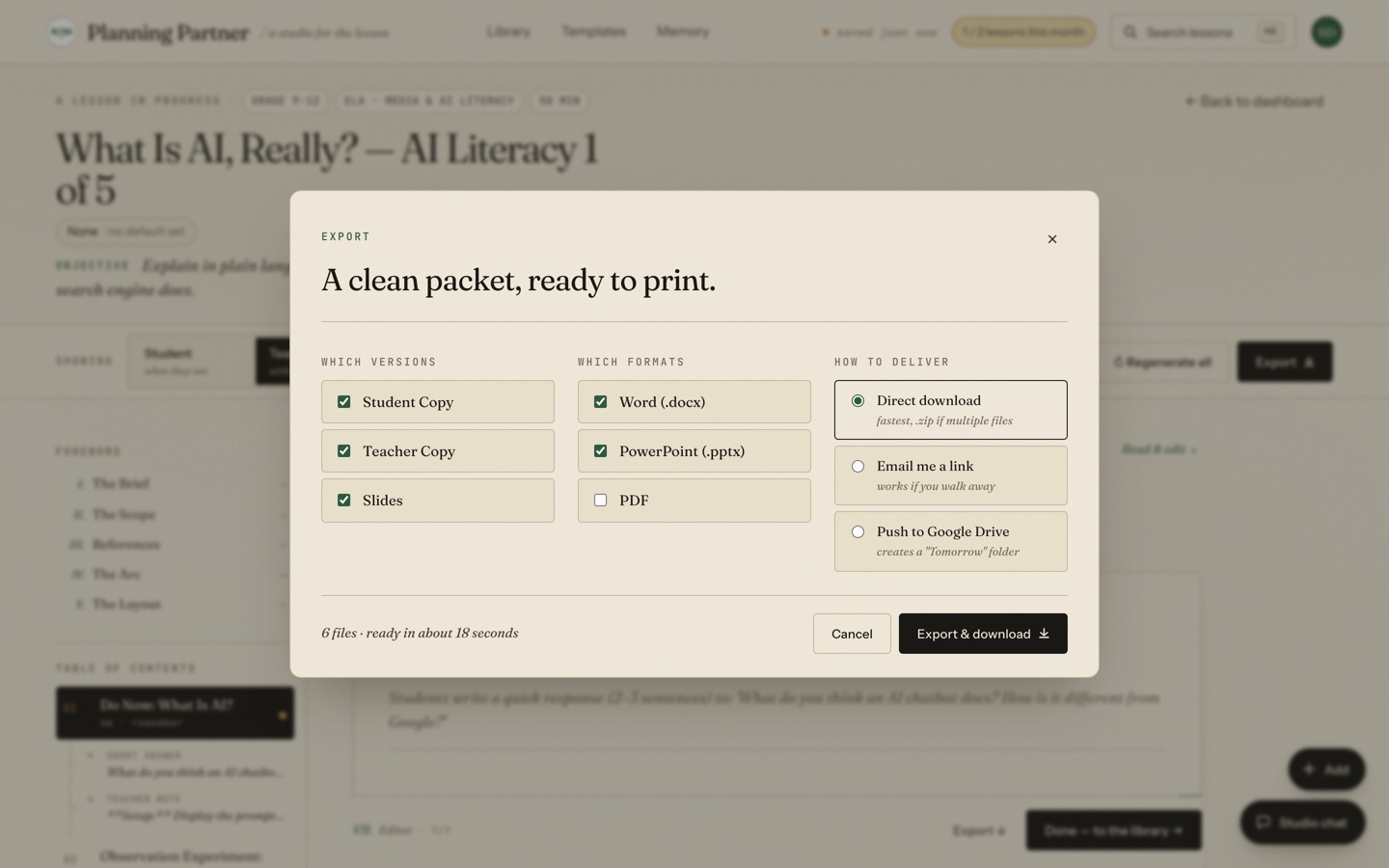 The export drawer: versions, formats, and delivery