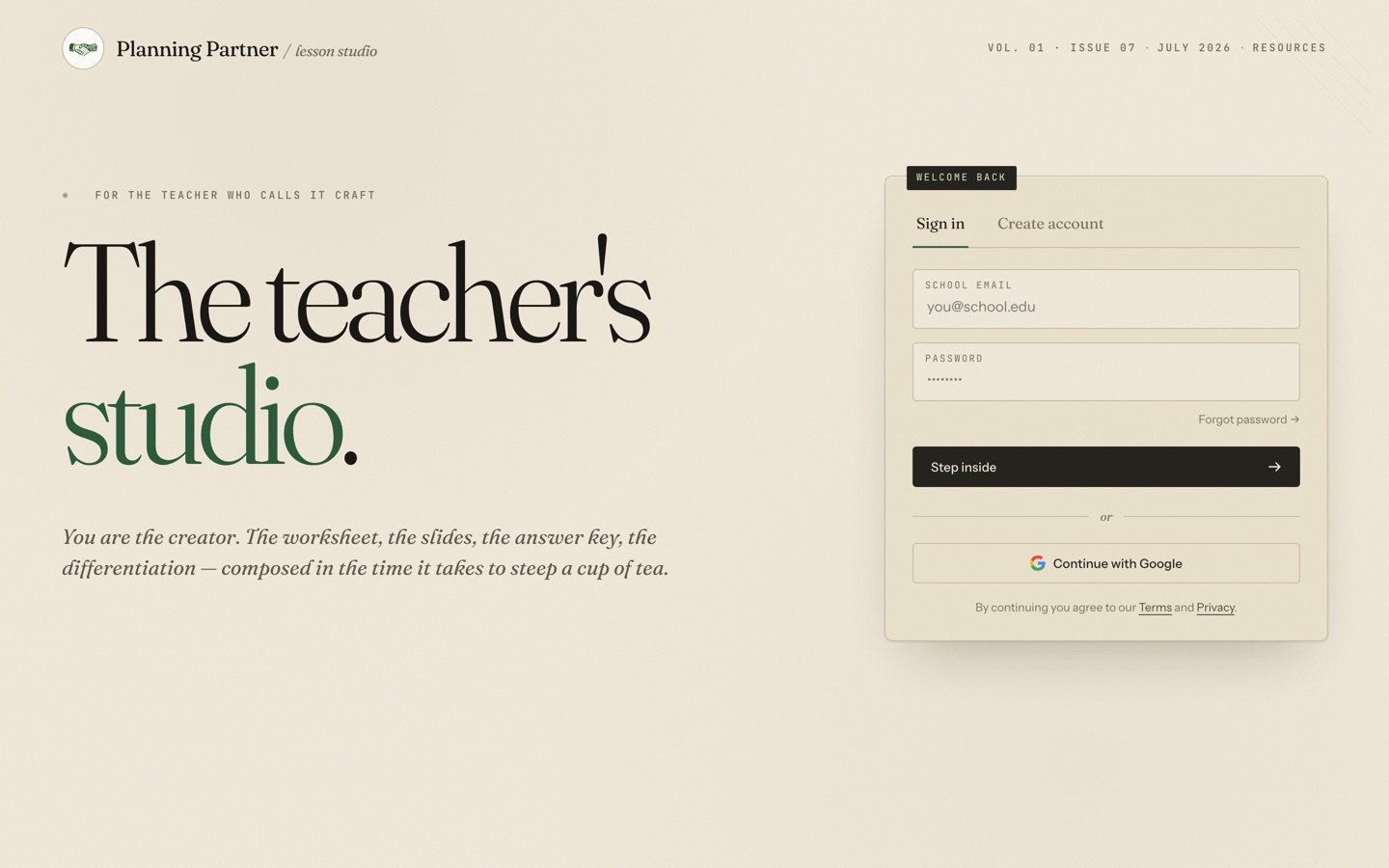 The Planning Partner welcome screen