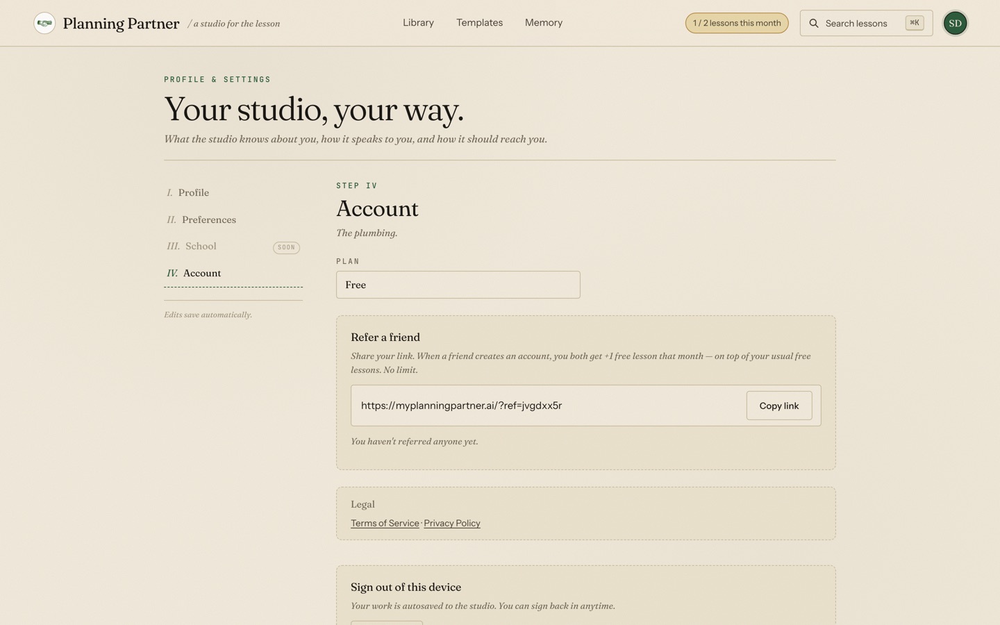 The Account section of Settings, with the Refer a friend card